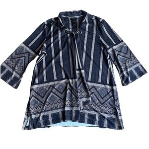 Ali Miles Tunic Top Necktie Large Black Geometric Kimono Sleeves